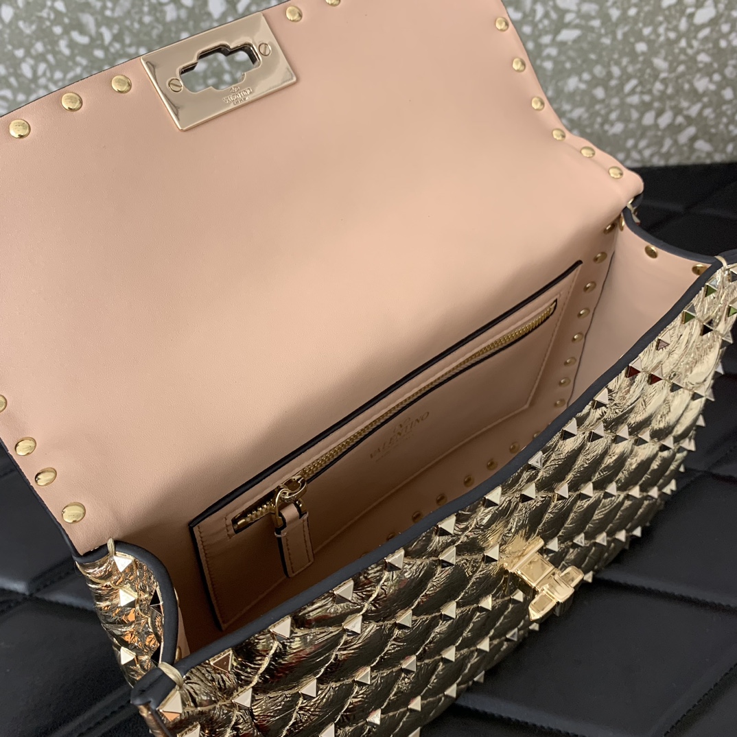 Valentino Garavani Rockstud Spike Medium Chain Bag in Gold Supple Lambskin Nappa